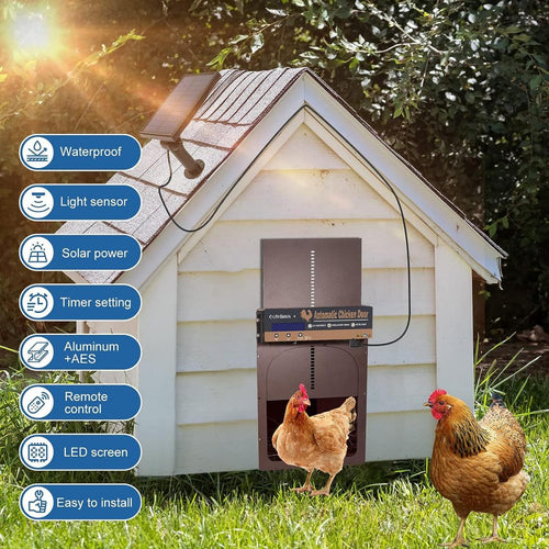 Automatic Chicken Coop Door, Solar Powered with Timer & Light Sensor, Manual & Remote Control, 4 Modes, Waterproof & Anti-Pinch